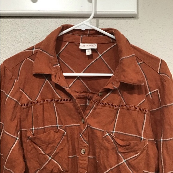 Shyanne Women’s Burnt Orange Plaid Flannel Shirt M Long Sleeve Ladder Lace Trim - Picture 3 of 6
